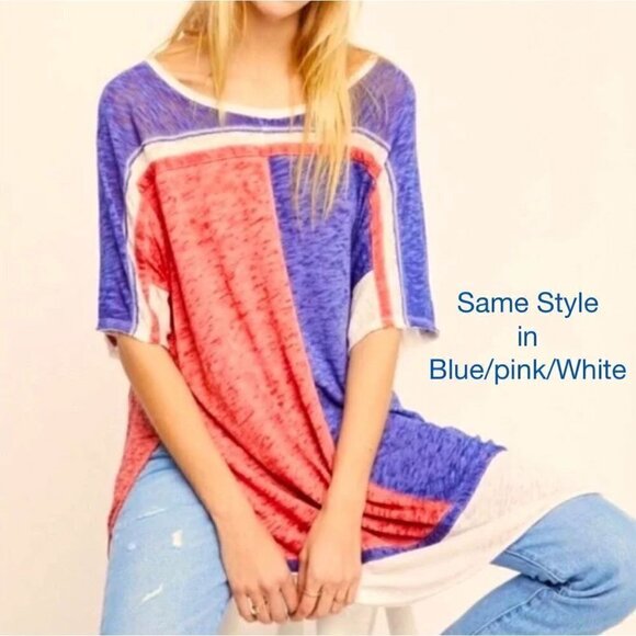 We The Free by Free People Charleston ColorBlock Oversized Tunic Blue/Pink/White - Picture 2 of 11